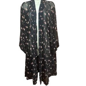 Blu Moon Black Sheer Ditsy Floral Kimono Long Bell Sleeve Made in USA Chemise